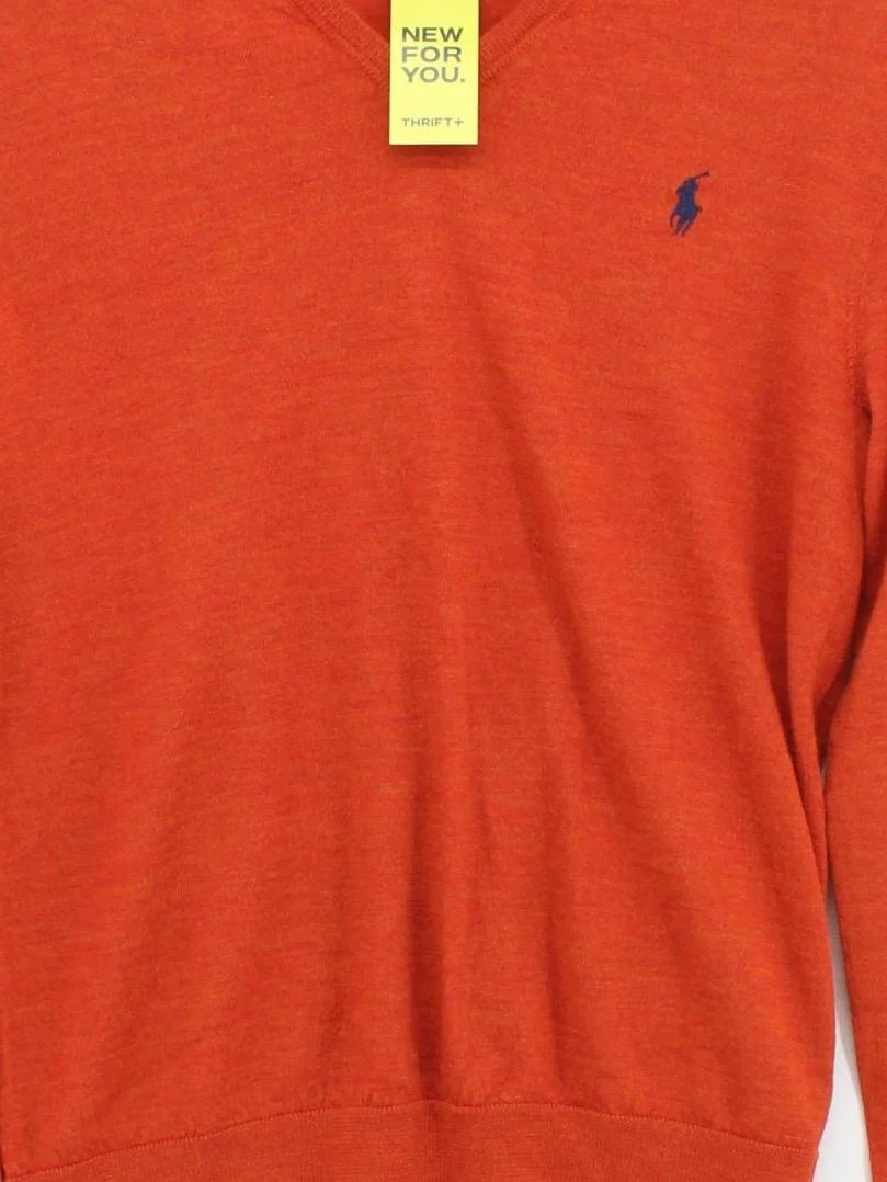 Ralph Lauren Men's Jumper S Orange 100% Wool V-Neck Pullover - Image 3